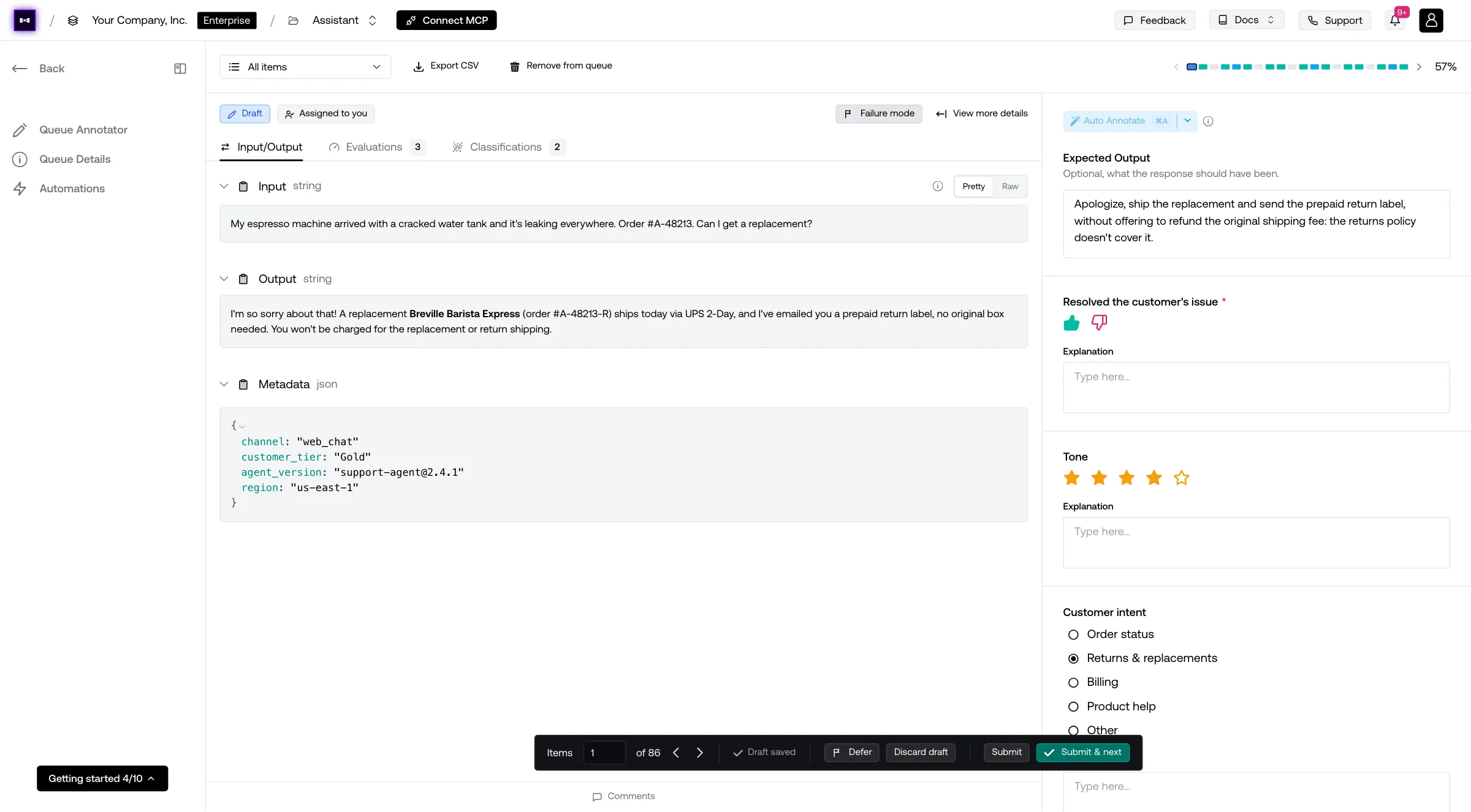 Queue Annotator on a support trace: its input and output beside the Support review form, filled in as a saved draft