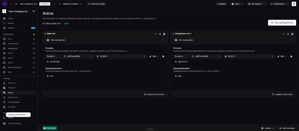 Confident AI Arena comparing two AI app connections with prompt versions and hyperparameters.