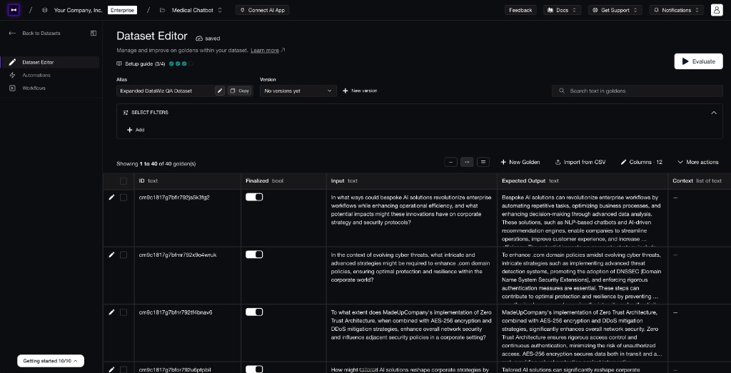 Confident AI dataset editor showing curated evaluation test cases with inputs, expected outputs, and context.