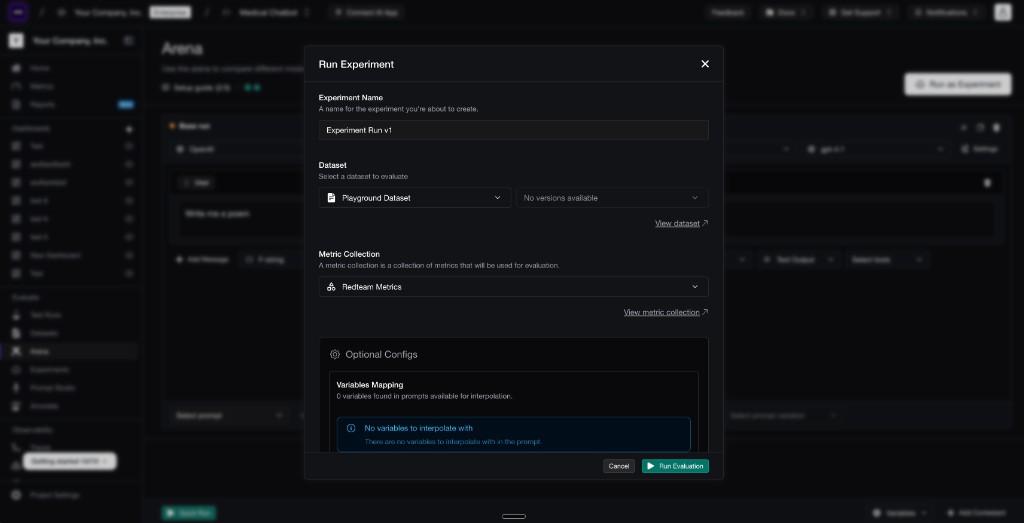 Run experiment modal for selecting an evaluation dataset and metric collection.