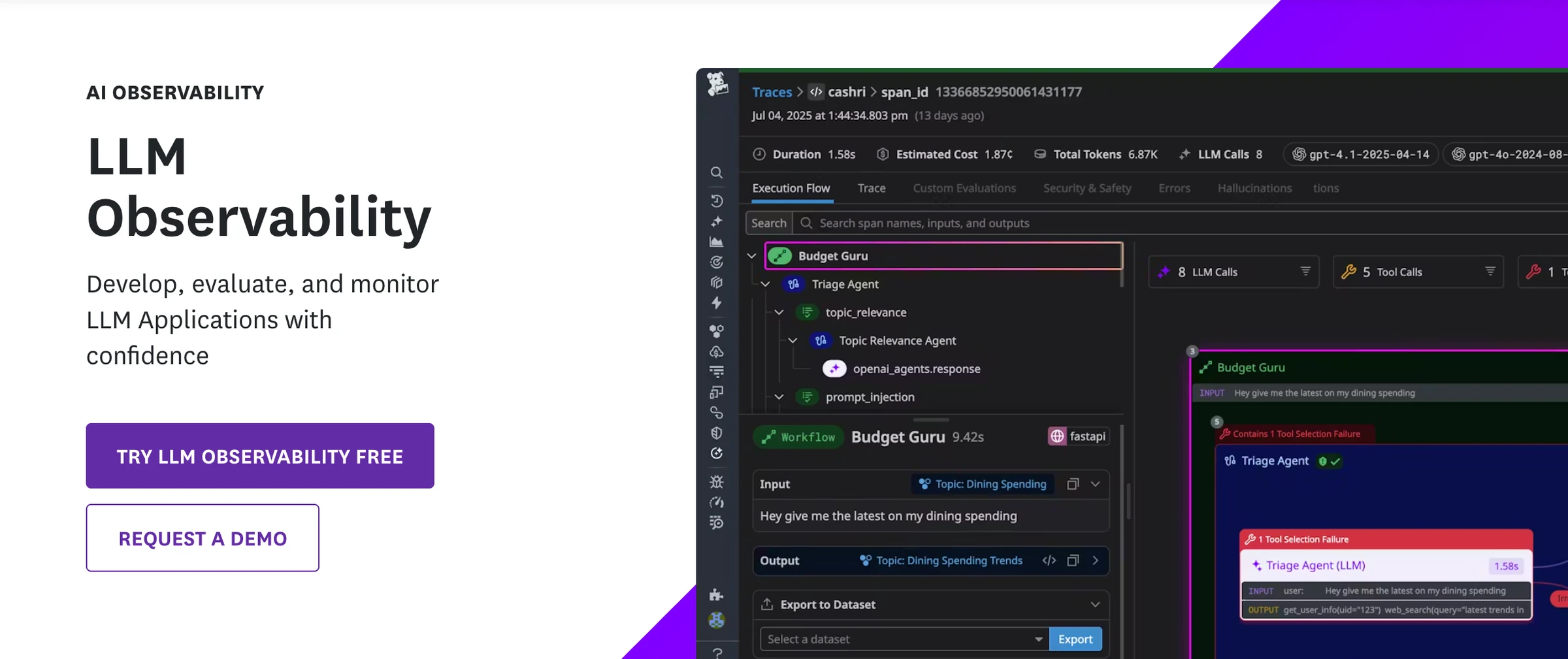 Datadog LLM Observability page beside a Budget Guru agent trace with LLM and tool calls and a flagged tool selection failure
