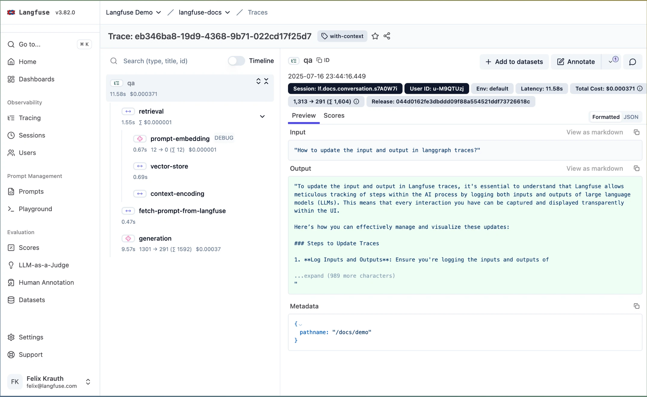 Langfuse trace for a qa request with retrieval and generation spans, latency and cost badges, and the input and output