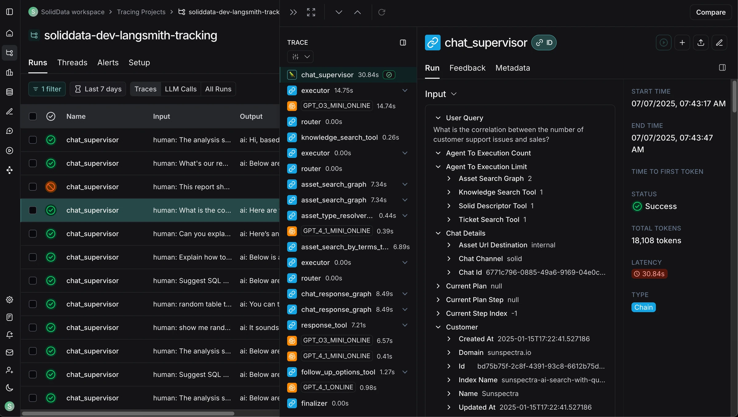 LangSmith tracing project with a list of chat_supervisor runs, a trace tree of agent steps and model calls, and run details