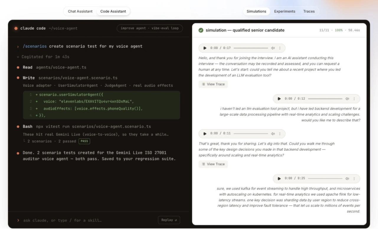LangWatch view of a Claude Code session creating voice agent scenario tests beside a passing simulated interview transcript