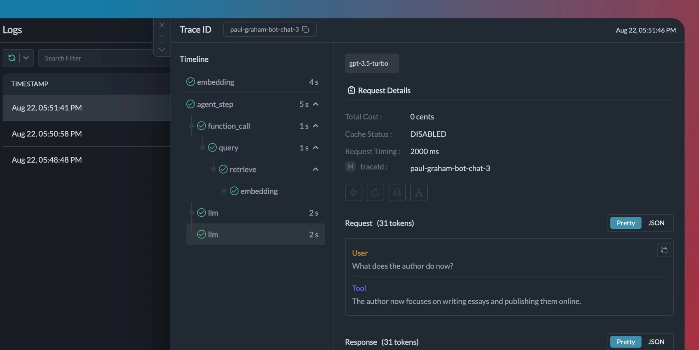 Portkey trace with embedding, agent_step, retrieve and llm spans, and gpt-3.5-turbo request details with cost and timing
