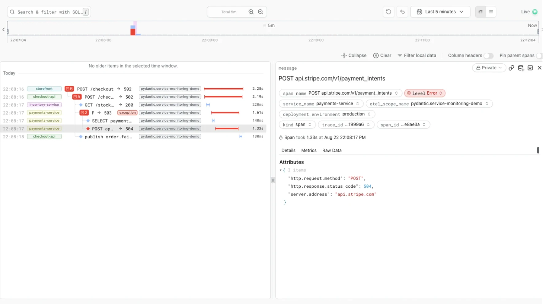 Pydantic Logfire trace across storefront, checkout, inventory and payments services, with a failing Stripe payment span