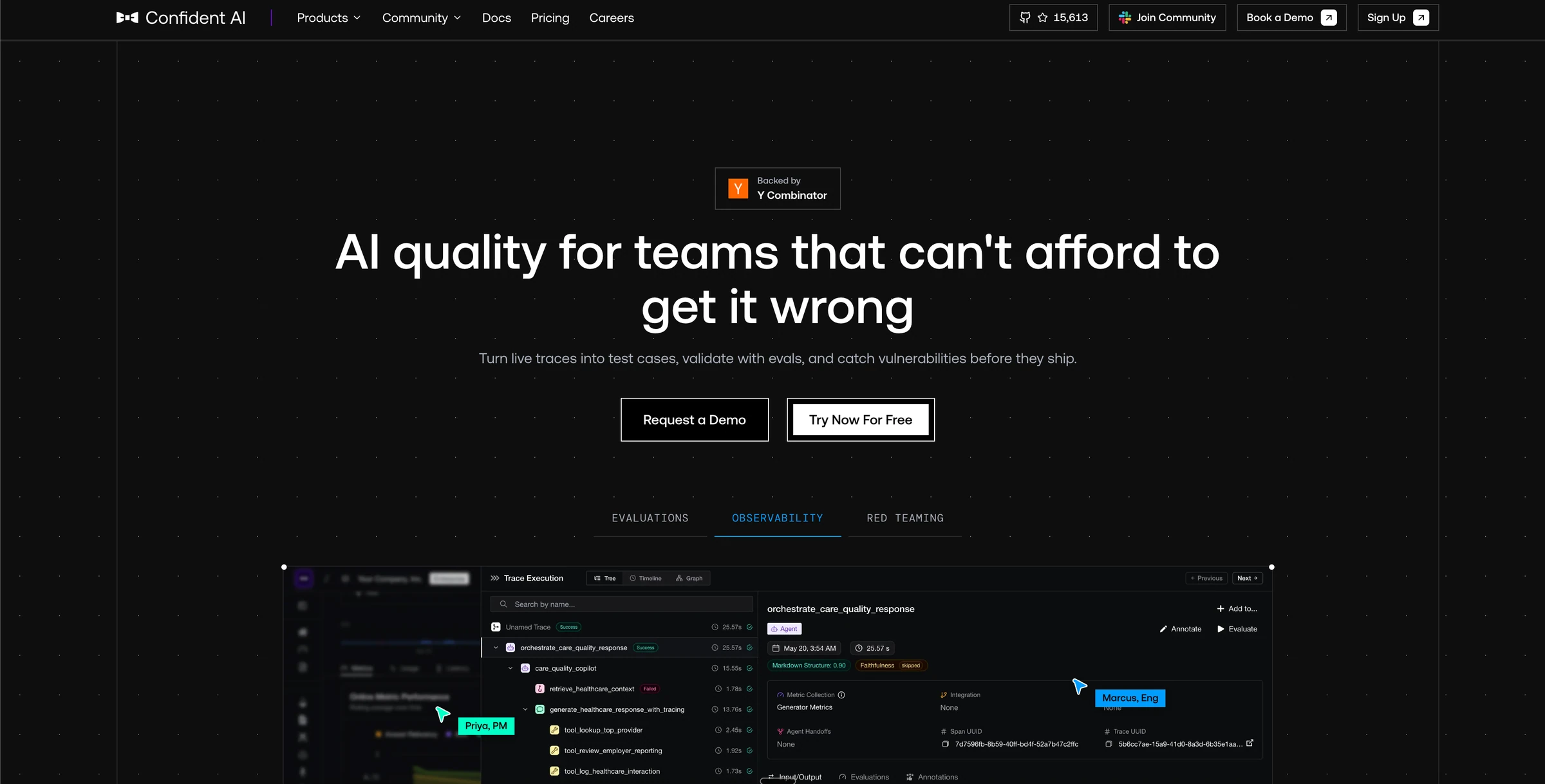 Confident AI homepage hero reading AI quality for teams that can't afford to get it wrong, above a trace tree product preview