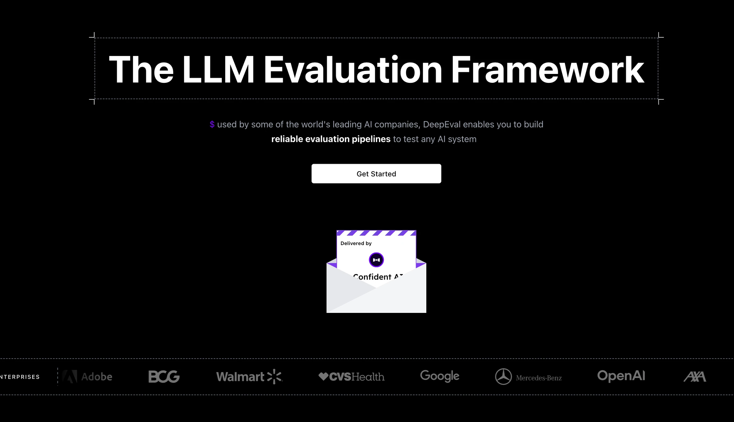 DeepEval homepage reading The LLM Evaluation Framework, with a Get Started button and a row of company logos